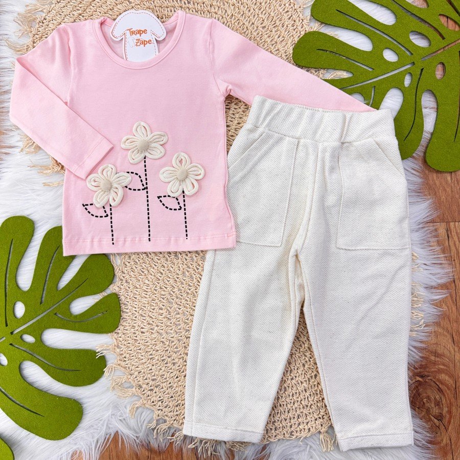 Conj. Blusa Manga Longa Flores 3D e Calça de Linho - Rosa e Areia